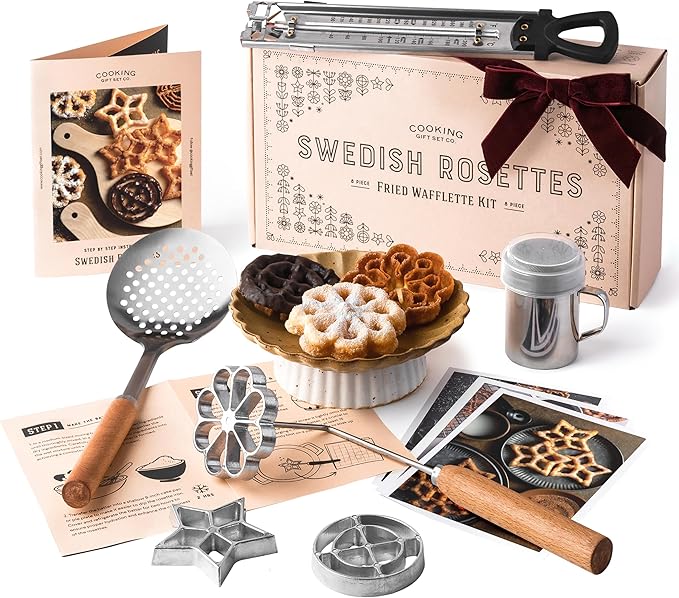 Swedish Rosette Iron Set with Handle Cooking Gifts – Rosette Maker & Bunuelos Mold Valentine's Day Baking Essentials | Funnel Cake Maker & Waffle Iron Kit – Rosettes Unique Baking Gift Set for Women