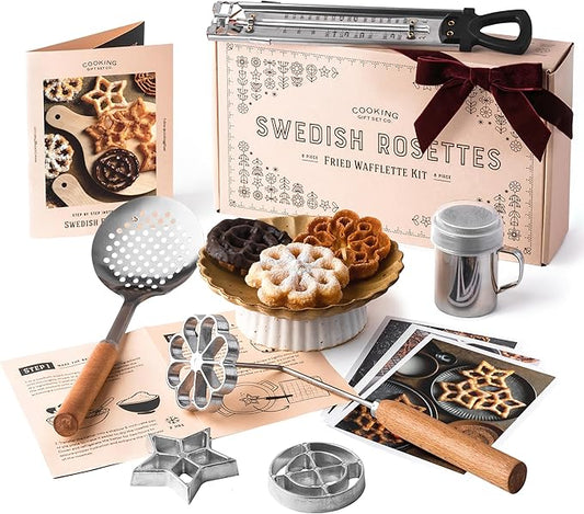 Swedish Rosette Iron Set with Handle Cooking Gifts – Rosette Maker & Bunuelos Mold Valentine's Day Baking Essentials | Funnel Cake Maker & Waffle Iron Kit – Rosettes Unique Baking Gift Set for Women