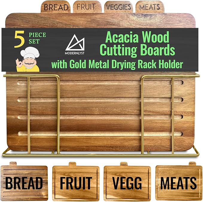 Acacia Cutting Boards for Kitchen with Holder 13" x 11" x 2.5" | Labeled Wood Cutting Board Sets | Large Wooden Cutting Board Set of 4 with Gold Organized Stand | Non Toxic Chopping Board
