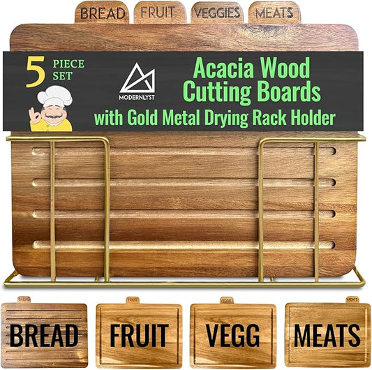 Acacia Cutting Boards for Kitchen with Holder 13" x 11" x 2.5" | Labeled Wood Cutting Board Sets | Large Wooden Cutting Board Set of 4 with Gold Organized Stand | Non Toxic Chopping Board