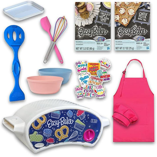 Ultimate Easy Baking Oven Bundle For Kids With 19 Items - Oven, 2 Refill Mixes, Apron, Hat, Bowl, Spatula, Whisk, 9 Stickers, Baking Pan & Tool (Heroic Hot Pink Baker Bundle)