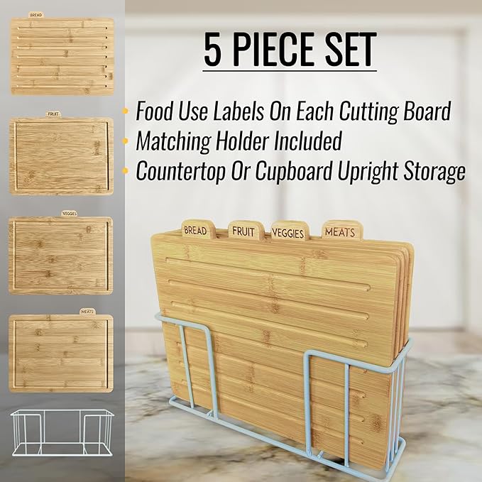 Wood Cutting Board Set with Holder 13"x11"x 3" | Wooden Cutting Boards for Kitchen | Labeled Chopping Board Sets | Large Bamboo Cutting Board Sets with Stand | Chopping Boards for Kitchen