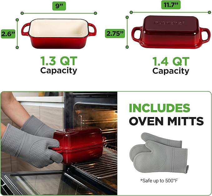 NutriChef 9x5" Enameled Cast Iron Loaf Pan with Lid, Enamel-Coated Baking Loaf Pan for Sourdough, Oven Safe, Nonstick Bread Pan with Silicon Gloves, Dishwasher Safe, Red