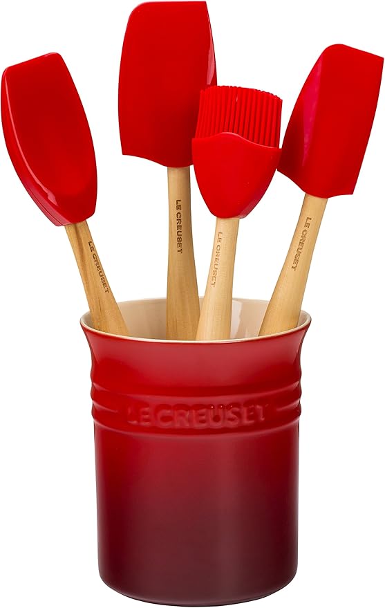 Le Creuset Silicone Craft Series Utensil Set with Stoneware Crock, 5 pc., Cerise
