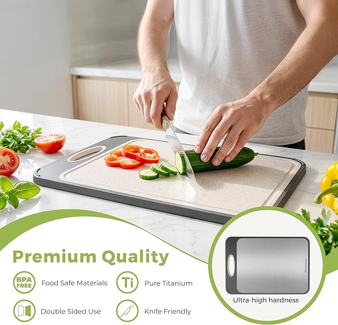 Freshware Titanium Cutting Board for Kitchen, Double Sided and Non Slip Cutting Boards, Pure Titanium/PP, Chopping Board with Juice Grooves, Dishwasher Safe, Large 15.75" by 10.6"