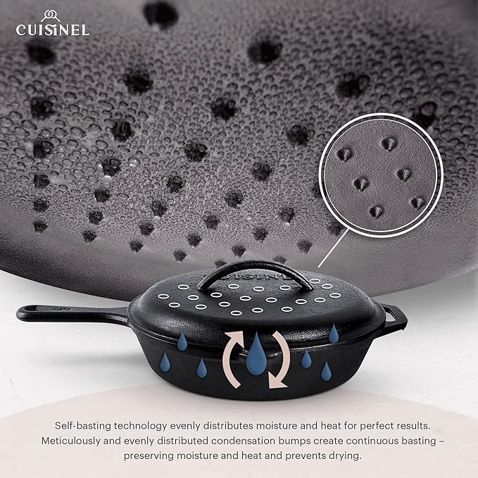 Cuisinel Cast Iron Skillets Set with Lids - 8"+10"+12"-inch Pre-Seasoned Covered Frying Pan Set + Silicone Handle and Lid Holders + Scraper/Cleaner - Indoor/Outdoor, Oven, Stovetop, Fire Safe Cookware