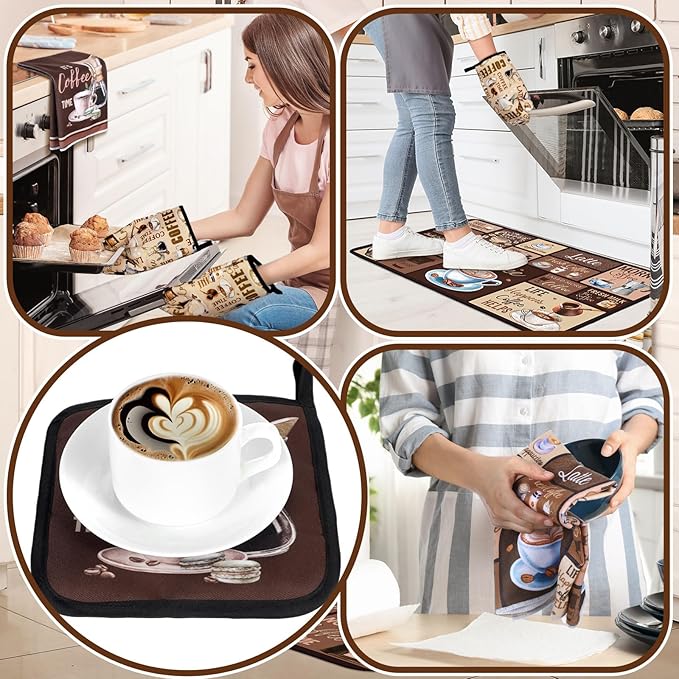 10 Pcs Coffee Kitchen Decor and Accessories Coffee Oven Mitts and Pot Holders Set Dish Towels Farmhouse Kitchen Decor Vintage Brown Gloves for Chef Baking Cooking Grilling BBQ Women Gift