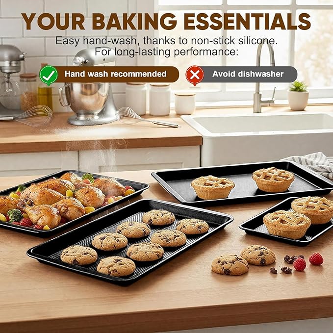 Nonstick Baking Sheet Pan Set of 3, Heavy Duty Cookie Sheets for Oven with Stripe Texture Pattern, 0.6mm Thick Quarter/Half/Jelly Roll Pans, Rust-Resistant & Easy Clean (Black)