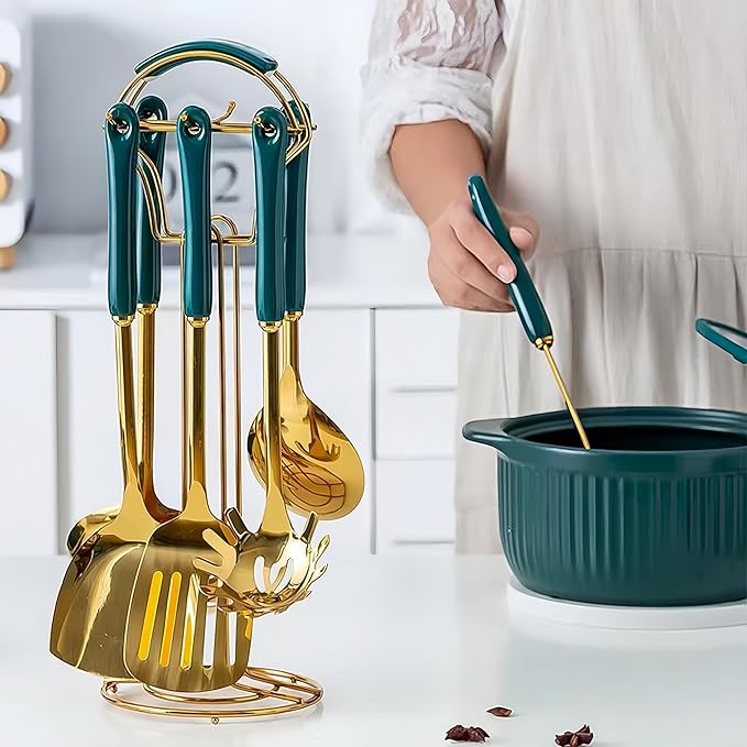 Gold Kitchen Utensils,7 Pieces Cooking Utensils Set,Kitchen Tools Set With Utensil Holder, Gold Kitchen Accessories, Dishwasher Safe, Easy To Clean (Green)