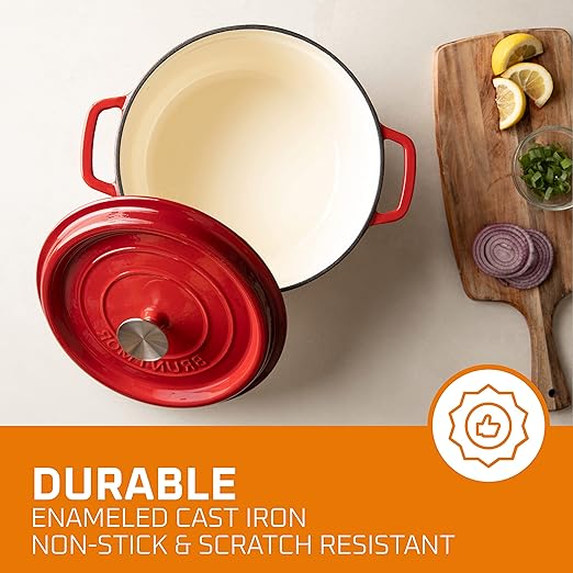 Bruntmor Pre-Seasoned Enameled Cast Iron Dutch Oven with Lid and Handle - 5.2 Quart Heavy Duty Casserole Dish for Cooking, Baking, and Braising - Oven Safe, Durable, Round Cast Iron Cooking Pot - Red