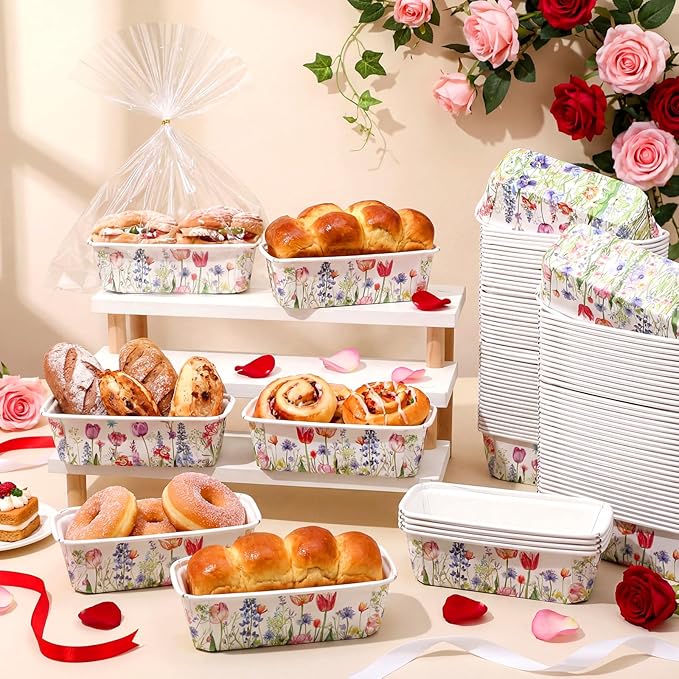 Honeydak 100 Sets Mini Loaf Pans Disposable Spring Paper Baking Pans Bulk 6.3 x 2.2 x 2.2 in Floral Serving Tray Wildflower Watercolor Pattern Party Supplies (Spring)