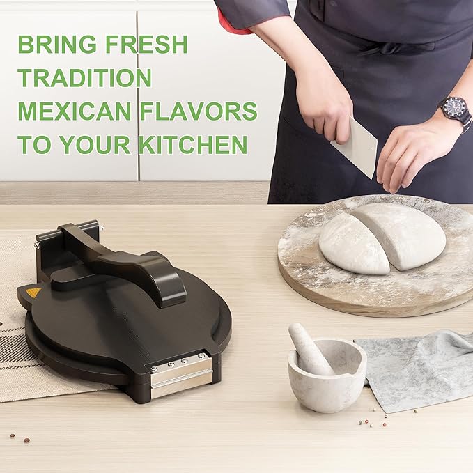 Tortilla Press 10 Inch - Bamboo Quesadilla & Roti Maker with Parchment Paper Sheets & Dough Cutter for Homemade Flour Corn Tortilla, Wood Tortillera Pataconera Tortilla Maker for Home Baking