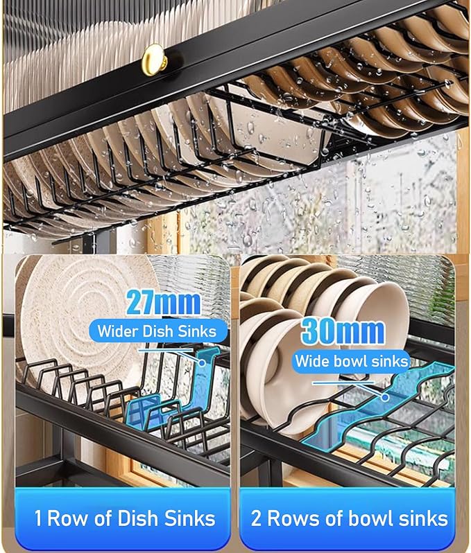Over The Sink Dish Drying Rack with Cover, 2 Tier Large Capacity Organizer Stand for Kitchen Counter, Storage for Plates Bowls Pots, Black