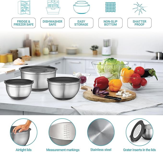Belwares Mixing Bowls Set with Airtight Lids - 8PCS Stainless Steel Nesting Mixing Bowls Non-Slip with 3 Grater Attachments, Kitchen Bowls, Sizes 5, 4, 3.5, 2, 1.5QT Baking & Food Prep (Matte Black)