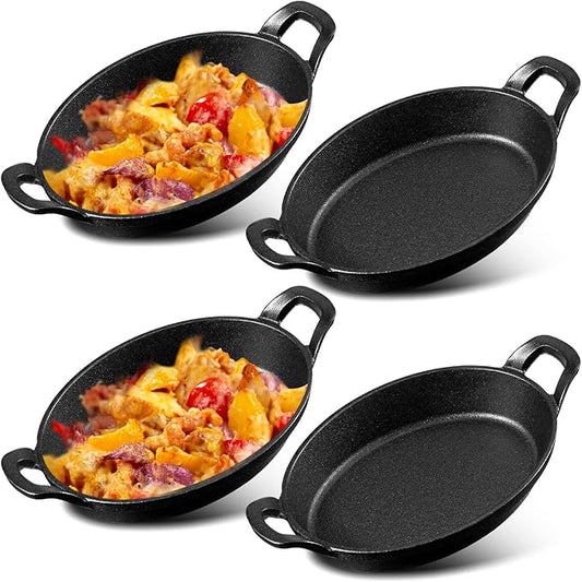 Mifoci 4 Pack Mini Cast Iron Fajita Skillet, 8.5" x 6.1" Oval Sizzling Steak Plate Pan Small Ramekin Set Black Casserole Dish for Stove Oven Grill Restaurant Kitchen Indoor Outdoor Picnic