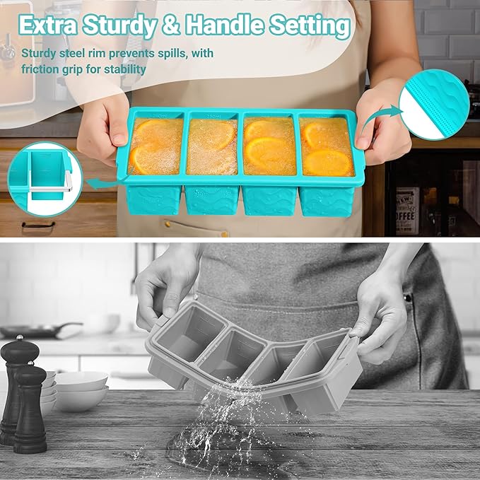 Silicone Freezer Tray for Soup with Lid – 1-Cup Soup Container Cube Style Ice Cube Trays for Freezer, Meal Prep & Food Storage, Freeze 250mL/125mL Portions 4Pcs (4Color)