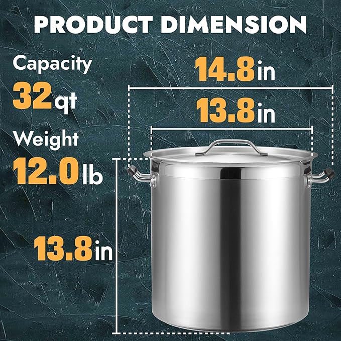 CURTA 32 Quart Large Stock Pot with Lid, NSF Listed, Induction Ready, 3-Ply Clad Base, 18/8 Stainless Steel Heavy Duty Cooking Pot, Commercial Cookware for Soup, Stew & Sauce, Riveted Silicone Handle