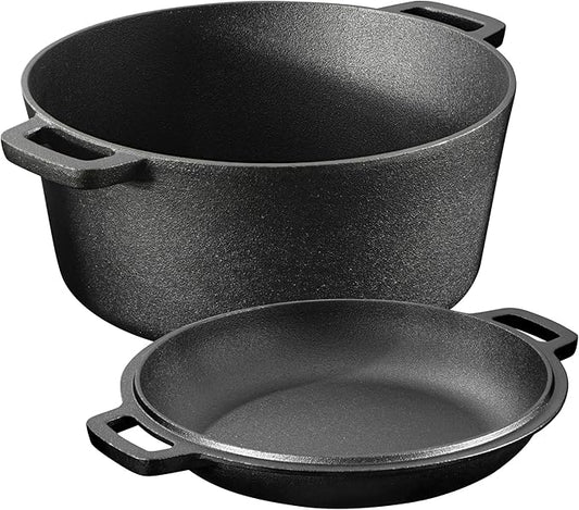 Navaris Cast Iron Casserole Dish Pot 5QT / 10.2" (4.7L / 26cm) - Dutch Oven for Bread Making - Pre-Seasoned Cast Iron Pot with Lid Usable as Frying Pan