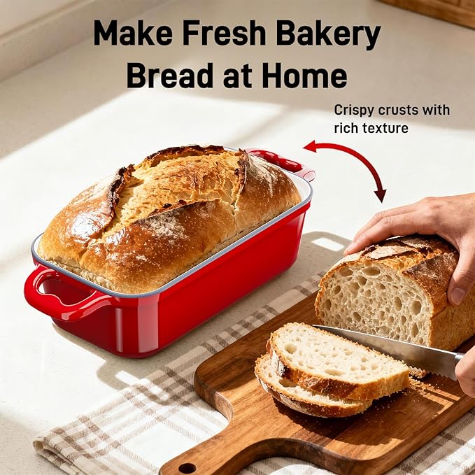Enameled Cast Iron Dutch Oven for Sourdough Bread Baking, 9 x 5Inch Oval Cast Iron Bread Pan with Lid, 2PCS Dutch Oven for Homemade Sourdough Baking, Meatloaf Pan, Oven Safe, Red