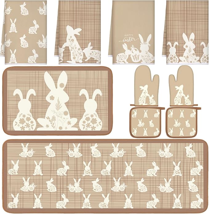 10 Pcs Easter Kitchen Decor Set Easter Kitchen Towels Oven Mitts and Pot Holder Spring Bunny Eggs Flowers Rugs and Mats Brown Rabbit Gloves Potholders for Farmhouse Rustic Baking Cooking BBQ