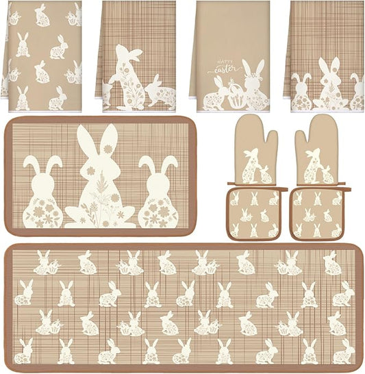 10 Pcs Easter Kitchen Decor Set Easter Kitchen Towels Oven Mitts and Pot Holder Spring Bunny Eggs Flowers Rugs and Mats Brown Rabbit Gloves Potholders for Farmhouse Rustic Baking Cooking BBQ