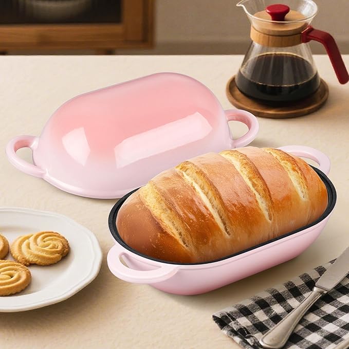 Homikit Enameled Cast Iron Dutch Oven for Bread Baking, 2.8 QT Oval Bread Oven Pot with Lid, 9.5 x 5.7 Inch Sourdough Loaf Baking Pan for Homemade Bread, Heavy Duty & Oven Safe, Pink