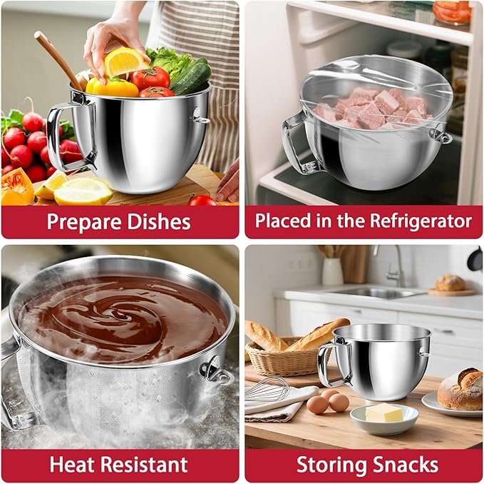 6QT Stainless Steel Mixer Bowl with Handle Compatible with KitchenAid Bowl Lift Stand Mixers KD2661, KL26M, KP26M1, KP26M8, KP26N9, KV25G, KV25M. Food Grade Mixing Bowl for 6QT Kitchen Aid Lift Mixers