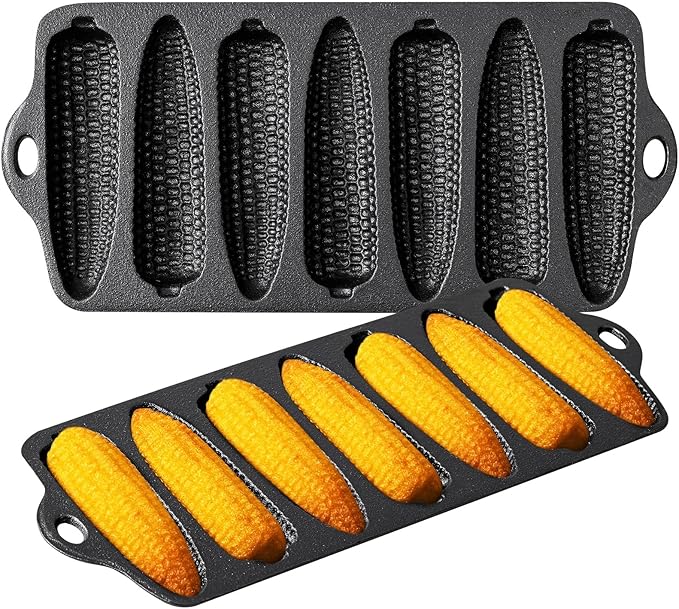 2 Pcs Cast Iron Corn stick Pan Corn Bread Molds with 7 Corncob Sticks Cornbread Loaf Cakes Corndog Baking Compatible with Oven, Stovetop, Grill, and Campfires