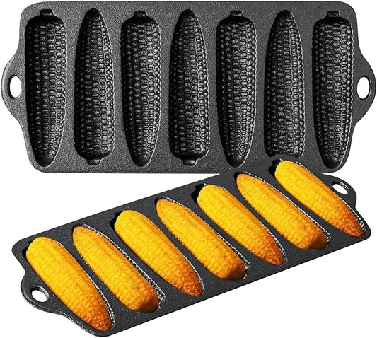 2 Pcs Cast Iron Corn stick Pan Corn Bread Molds with 7 Corncob Sticks Cornbread Loaf Cakes Corndog Baking Compatible with Oven, Stovetop, Grill, and Campfires