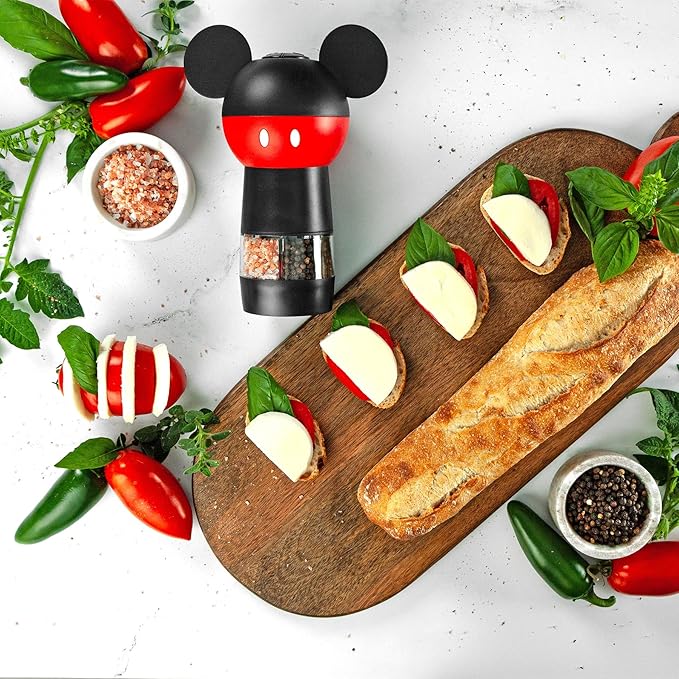 Uncanny Brands Disney Mickey Mouse Salt and Pepper Grinder – Dual Chamber Electric Mill with Adjustable Coarseness and LED Light – Battery Powered