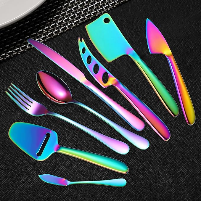 Rainbow Cheese Knives Silverware Set 8 Pieces include Dinning Knife Fork Spoon Stainless Steel Kitchen Gadget Tool Baking Utensils Multifunctional Durable for Daily Use and Parties