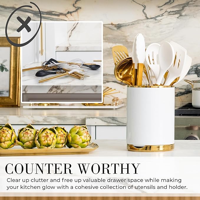STYLED SETTINGS White and Gold Cooking Utensils Set – 13-Piece Set Includes Gold Kitchen Utensils, Ceramic Utensil Holder and Built-In Spoon Rest – Luxury Kitchen Accessories