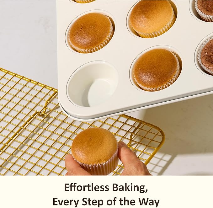 CAROTE 6-Piece Nonstick Ceramic Baking Pans Set - Bakeware Sets Including Cookie Sheets for Baking, Muffin Pan, Bread Pan, Cake pan, Loaf Pan, Cooling Rack, Mustard Yellow & Cream White