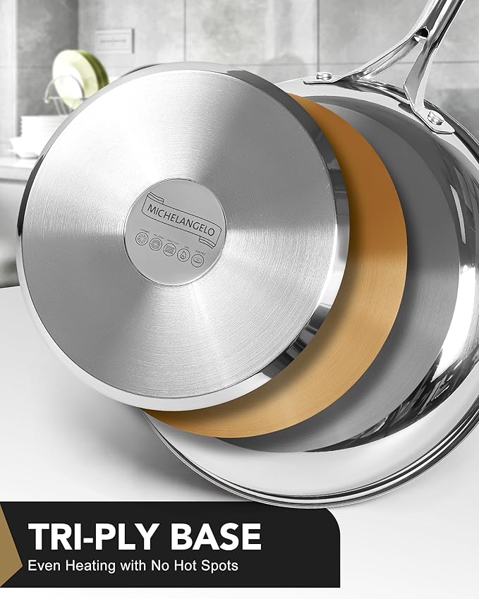 MICHELANGELO Stainless Steel 8 inch Frying Pan, Small Skillet with Triply Base, Stainless Steel Pan with Ergonomic Handle, Induction Compatible