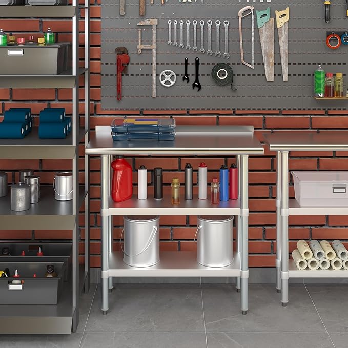 AmGood Stainless Steel Work Table with 1.5" Backsplash and 2 Shelves | Metal Kitchen Food Prep Table | NSF (36" Long x 18" Deep)