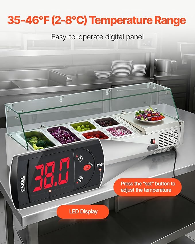 VEVOR Refrigerated Condiment Prep Station, 130 W Countertop Refrigerated Condiment Station, with Two 1/3 Pans & Four 1/6 Pans, 304 Stainless Body and PC Lid, Sandwich Prep Table with Glass Guard