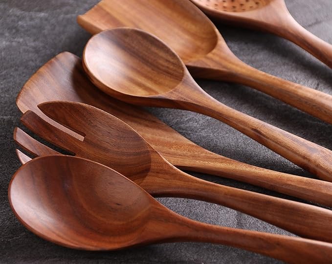 Wooden Utensil Set 6Pcs Wooden Spoons for Cooking, Natural Teak Wood, Non-Stick, Smooth Finish, Easy to Clean, Comfort Grip, Kitchen Wooden Cooking Utensils Set