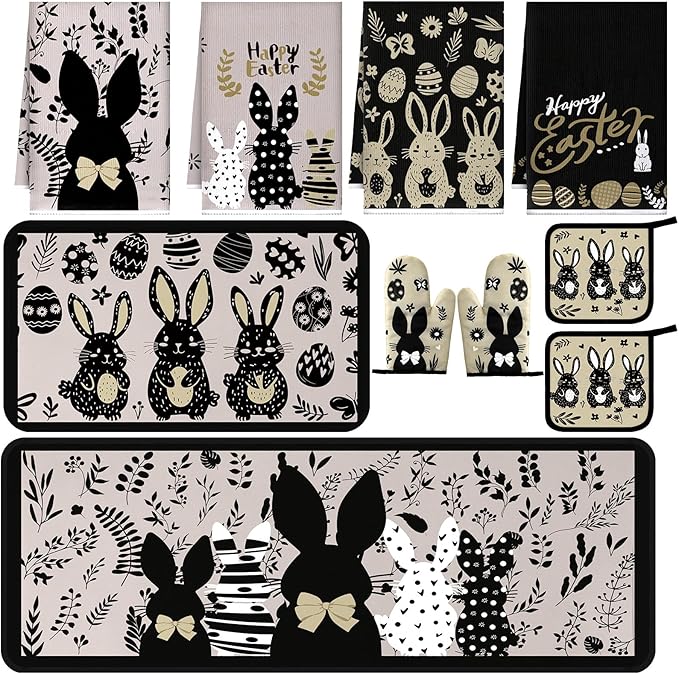 10 Pcs Easter Kitchen Decor Set Easter Kitchen Towels Oven Mitts and Pot Holder Spring Bunny Eggs Flowers Rugs and Mats Black Rabbit Gloves Potholders for Farmhouse Rustic Baking Cooking BBQ