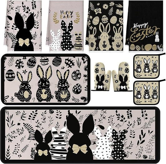 10 Pcs Easter Kitchen Decor Set Easter Kitchen Towels Oven Mitts and Pot Holder Spring Bunny Eggs Flowers Rugs and Mats Black Rabbit Gloves Potholders for Farmhouse Rustic Baking Cooking BBQ