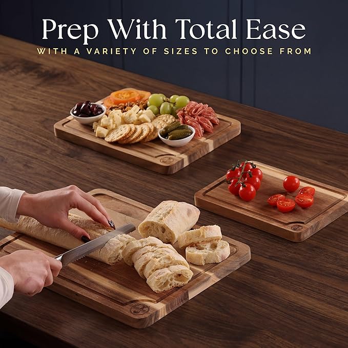 Pre-Oiled, Non Toxic 3-Piece Acacia Cutting Board Set with Stand, FSC Certified Wooden Chopping Boards, Includes 100ml Chopping Board Oil, 3 Size Wood Carving Boards for Home, BBQ Kitchens, Deer & Oak