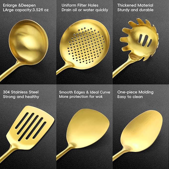 18/10 Stainless Steel Kitchen Utensils Set with Wood Handle Metal Cooking Utensils Set 10 Piece - Spatula, Spoon, Ladle, Skimmer, Slotted Turners, Pasta,Turner, Ladl, Fork
