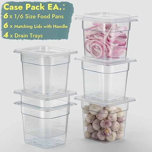 CURTA 6-Pack 1/6 Size 6" Deep NSF Polycarbonate Food Pans with Handled Lids & Drain Trays | Dishwasher & Freezer Safe Clear Container for Prep Tables, Buffet, Salad Bar, Commercial & Home Kitchen