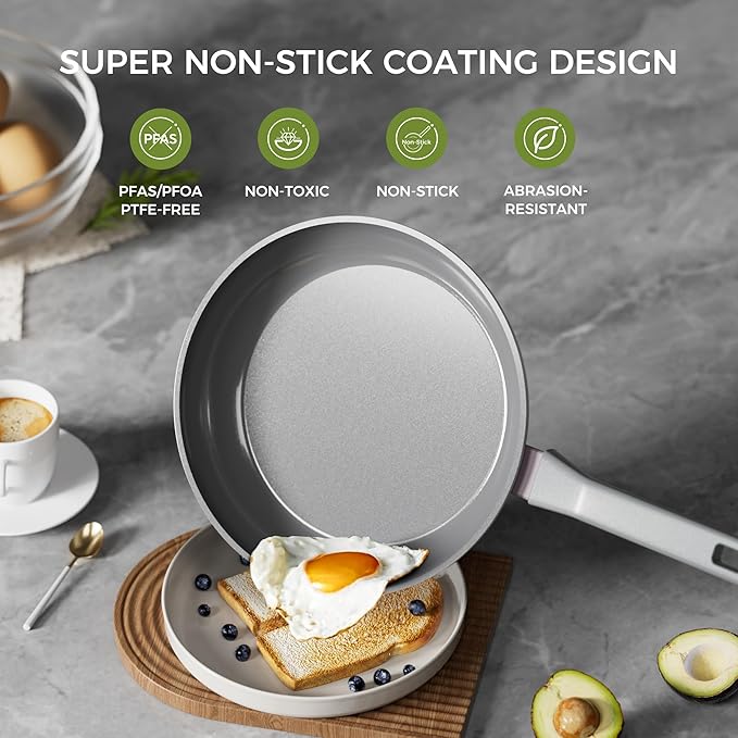 Sanho 8 Inch Frying Pan Nonstick, Ceramic Coating PTFE & PFOA Free Skillet, Induction Compatible & Dishwasher Safe Cookware for Healthy Daily Cooking