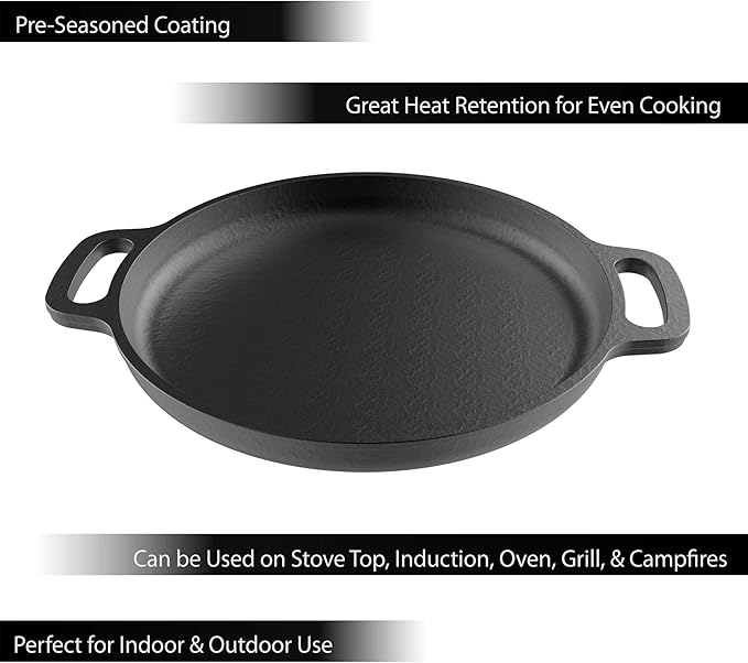 Cast Iron Pizza Pan-13.25 Pre-Seasoned Skillet for Cooking, Baking, Grilling-Durable, Long Lasting, Even-Heating Kitchen Cookware by Classic Cuisine, (82-KIT1089)