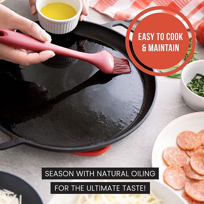 Chef Pomodoro Cast Iron Pizza Pan, Pre-Seasoned 12 inch Cast Iron Skillet with Handles, Dosa Pan for Dosa Tawa Roti, Crepe Pan, Comal for Tortillas, Baking Stove, Oven, Grill BBQ and Campfire