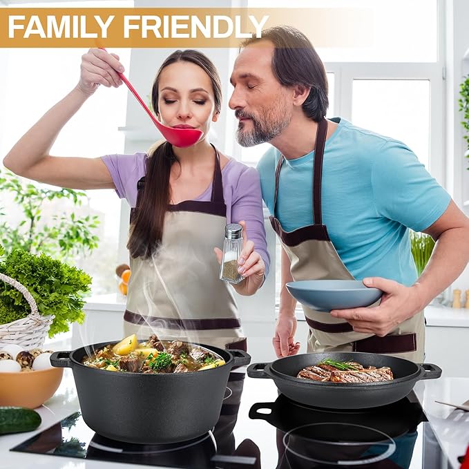 TLGREEN Cast Iron Dutch Oven Pot with Lid, Pot (6.7QT) and Lid as a Skillet(2.5QT) - Dutch Oven Cast Iron with Silicone Holders, Iron Stand, for Oven, Stove, Grill，Campfire