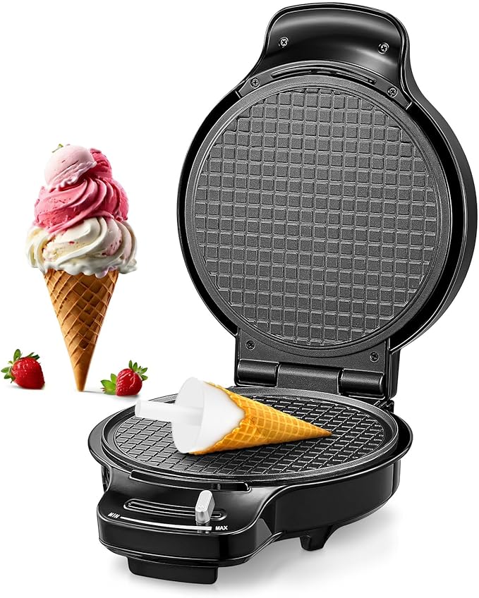 FOHERE Waffle Cone Maker Machine and Ice Cream Bowl Maker with Temperature Control, Double Side Nonstick Waffle Bowl Maker with Cone Roller, 7.5” Thin Waffle Maker for Home Kitchen (Black)