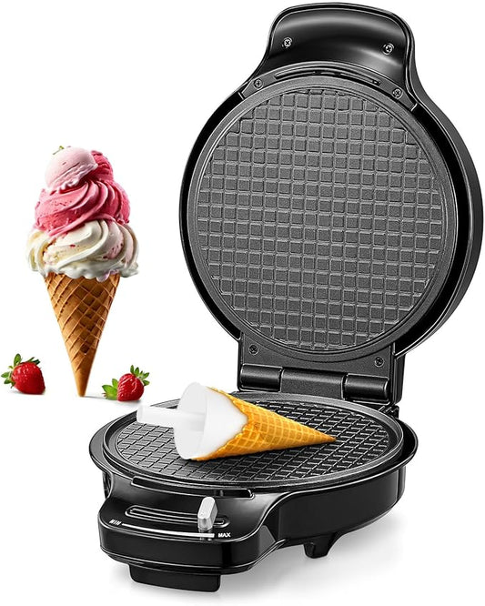 FOHERE Waffle Cone Maker Machine and Ice Cream Bowl Maker with Temperature Control, Double Side Nonstick Waffle Bowl Maker with Cone Roller, 7.5” Thin Waffle Maker for Home Kitchen (Black)