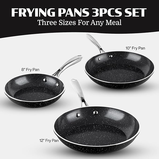 Granitestone Ceramic Nonstick Frying Pan Set 3pc 8/10/12 inch, Non Toxic Skillet Set, Induction Compatible, PFOA Free, Oven & Dishwasher Safe - Black