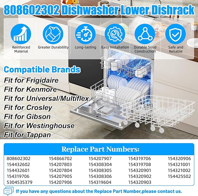 UPGRADED 808602302 Dishwasher Lower Dishrack Compatible with Frigidaire Kenmore Dishwasher Rack Replacement Parts with Wheels,808602302 154432602 Frigidaire Dishwasher Rack Parts Bottom Rack